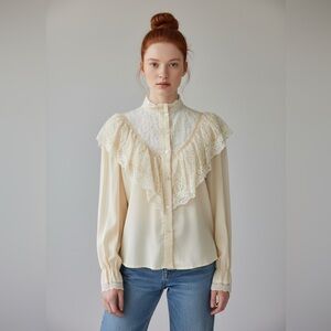 Vintage Victorian Romantic Antique-feel Cream Lace Ruffle Blouse buttoned